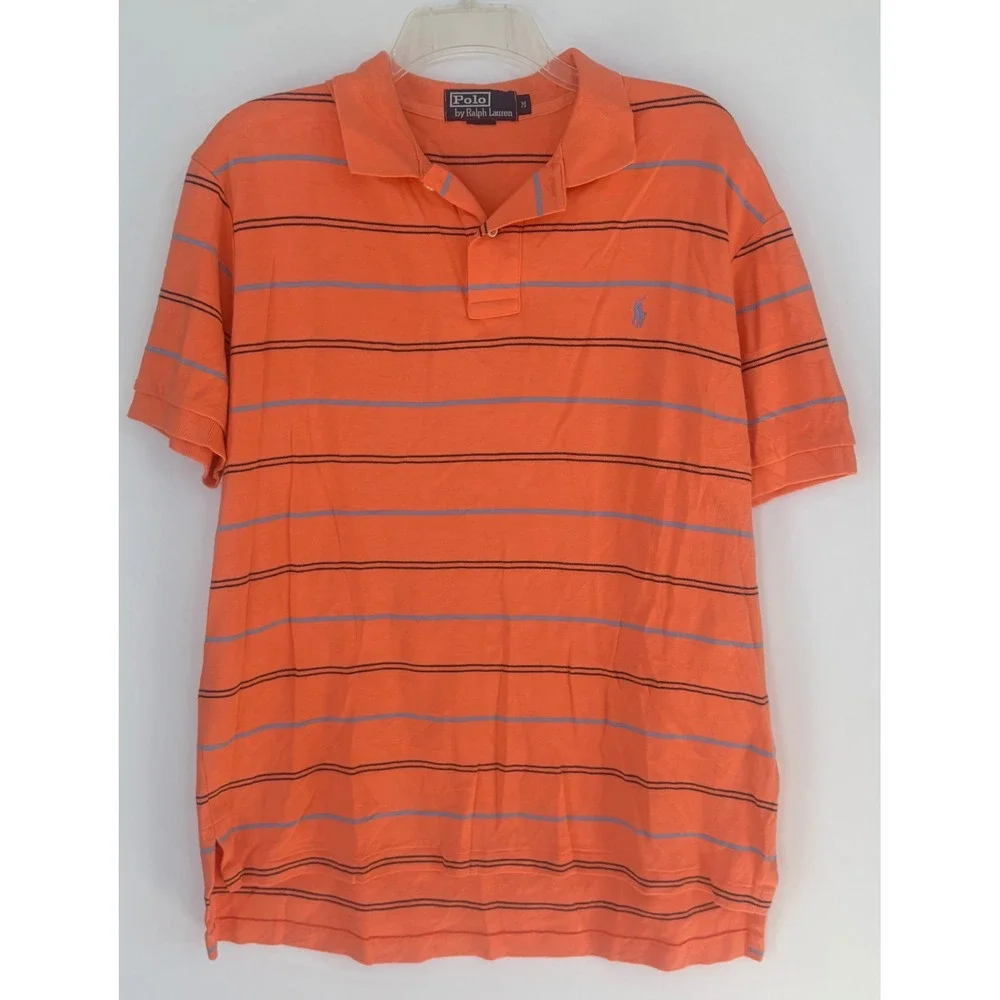 Polo Ralph Lauren Mens Medium Orange Striped Short Sleeve Cotton Polo Golf Shirt